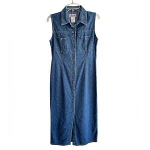 VTG Bill Blass Womens Denim Dress Medium Jumper Sleeveless Maxi Cottagecore 90s